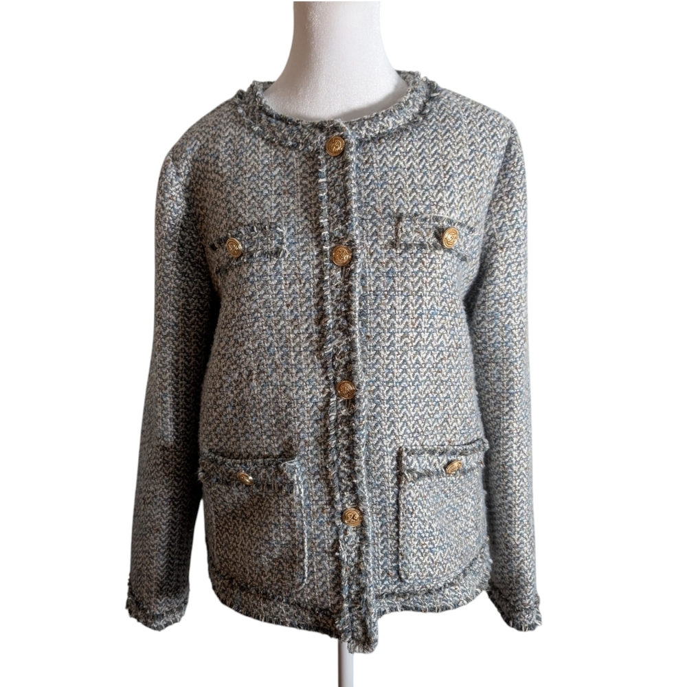 Chouyatou Women's Houndstooth Tweed Jacket Button Down Fringed Tassel Sz Small